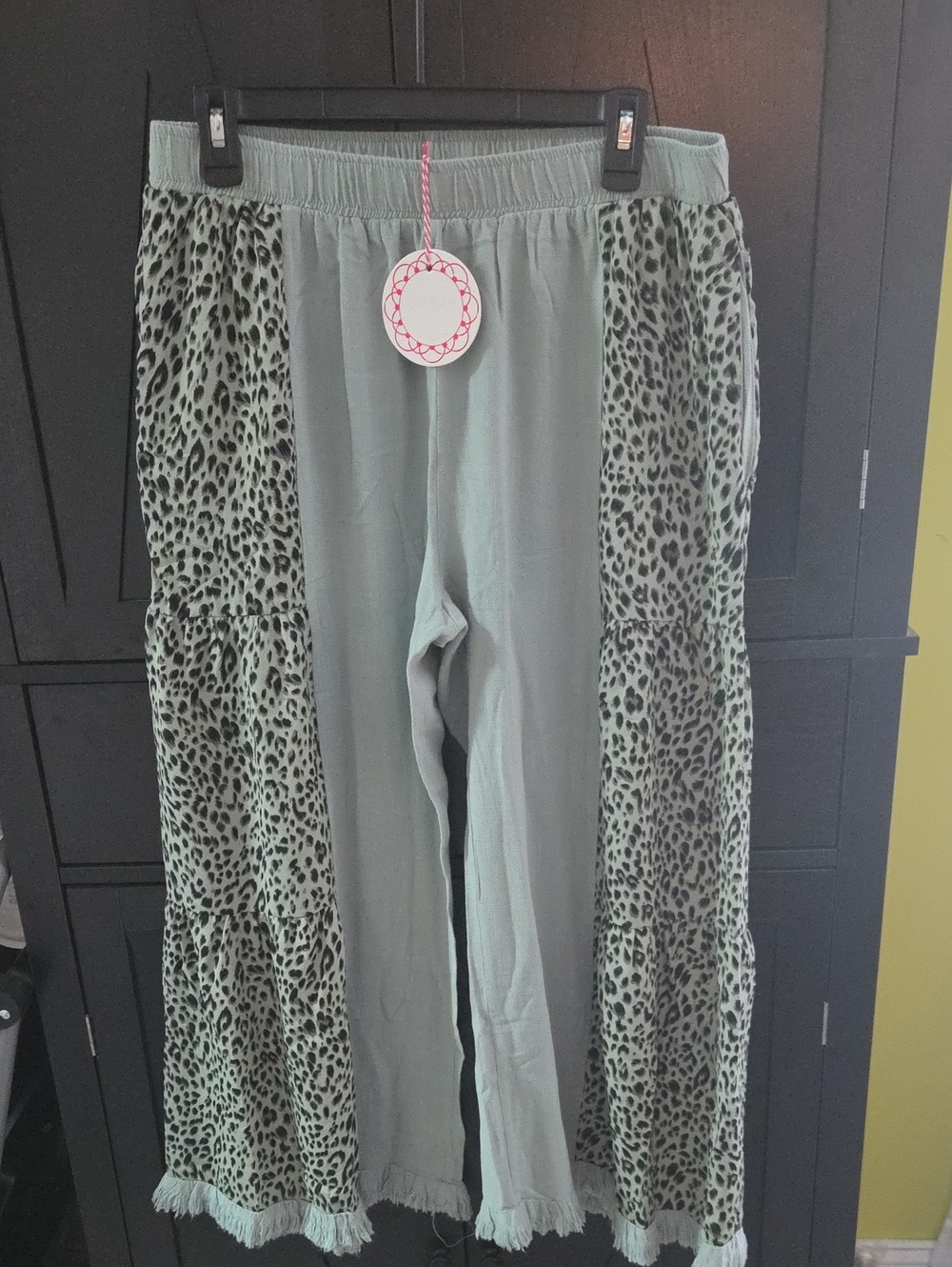 Umgee Sage Green Leopard-Panel Pants